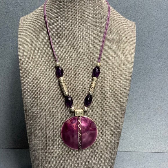 Exotic Medallion Pendant Necklace 15 In Purple Silver Beads Double Cord Retro - Picture 1 of 6